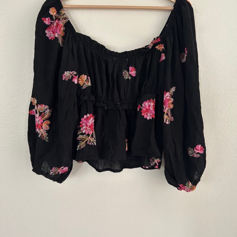 Wild Moss Crop Top L Black Floral Embroidered Boho Babydoll Peasant Festival Y2k - Picture 6 of 8